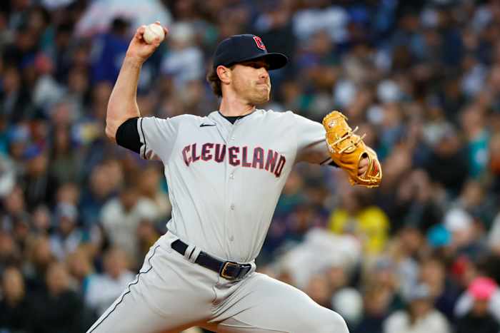 Mar 30, 2023; Seattle, Washington, USA; Cleveland Guardians starting pitcher Shane Bieber (57) throws against the Seattle Mariners during the first inning at T-Mobile Park.